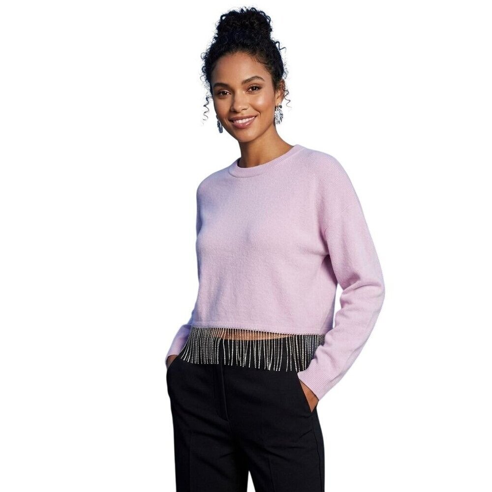 Stella Tweed Pink Crewneck Dropped Shoulder Sweater Rhinestone Fringe Hem Size L